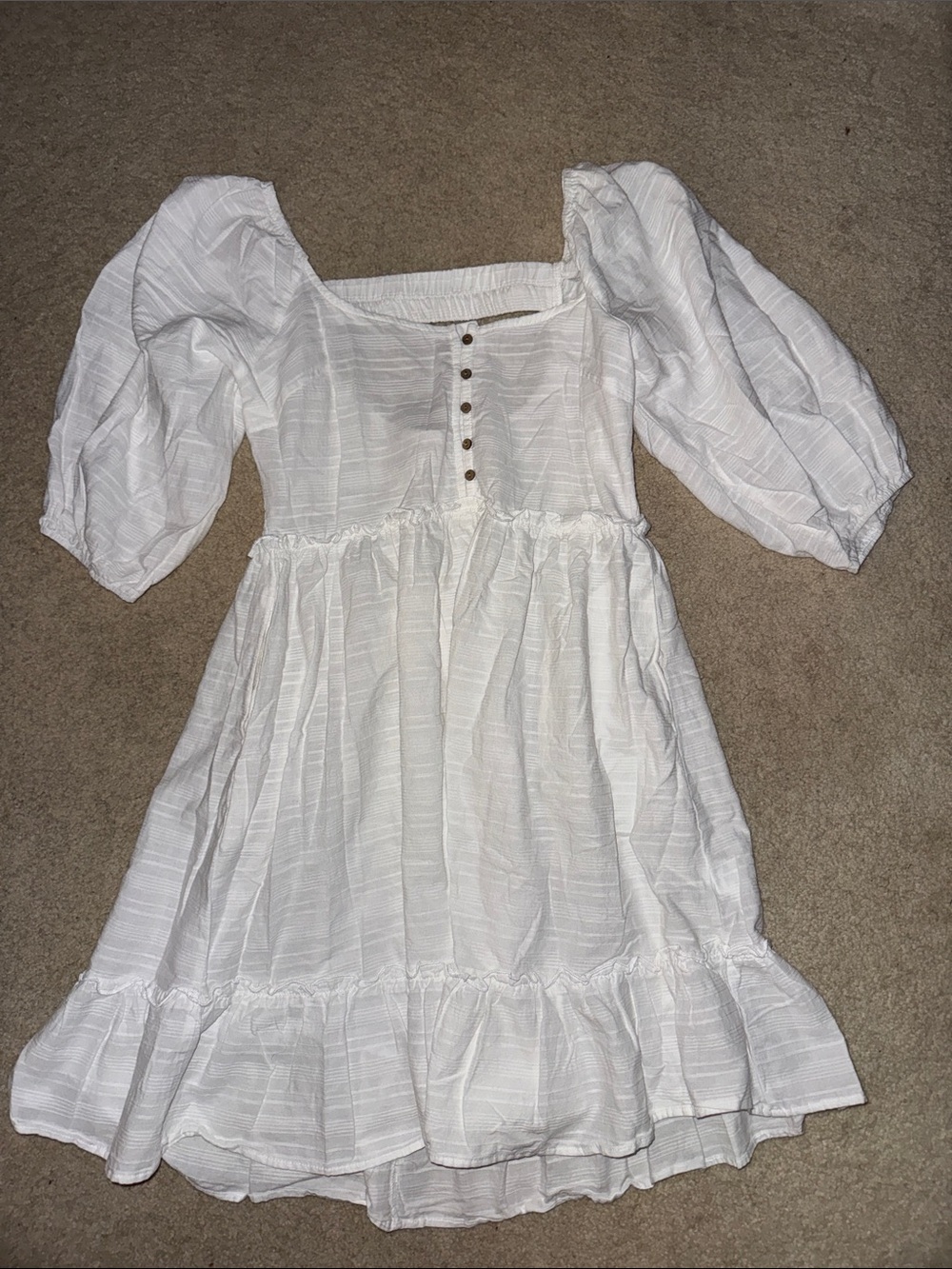 White Puff-Sleeve Smocked Waist Ladies Dress